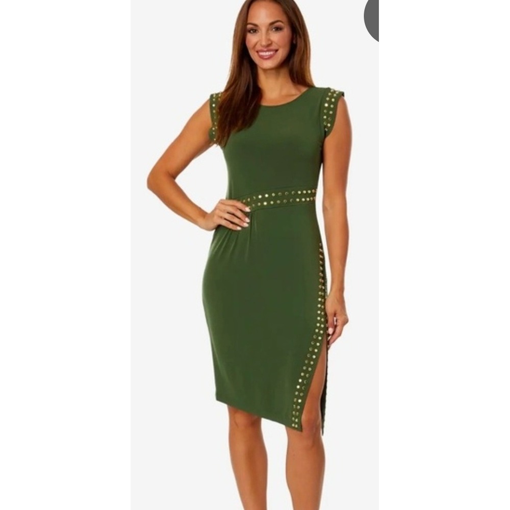 NWT MICHAEL Michael Kors Green Midi Dress with‎ Gold Studs and slit size XL